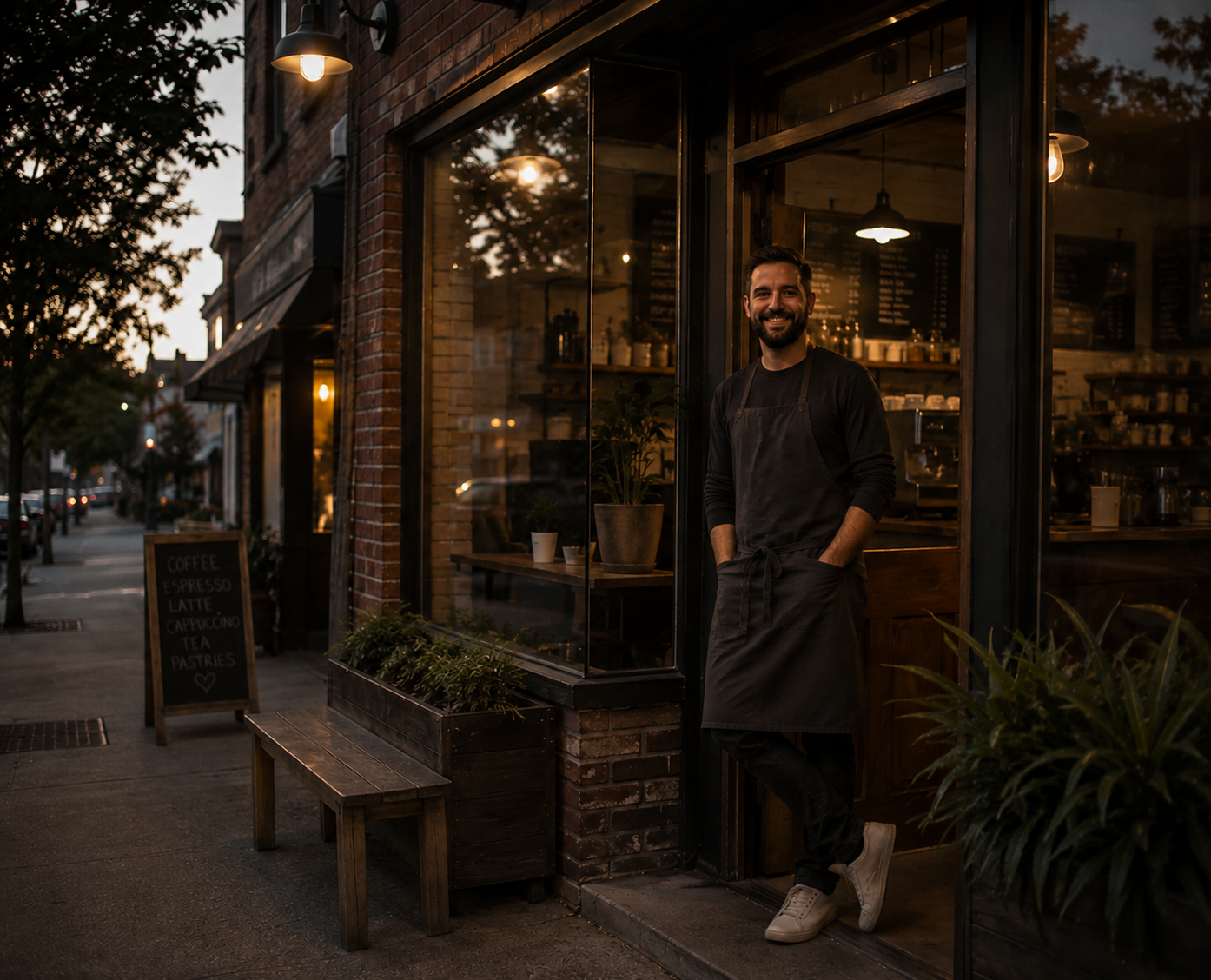 Smiling café owner standing in the doorway of an independent coffee shop at dusk