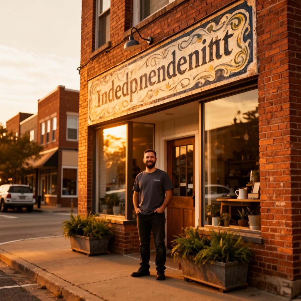 Independent main street storefront owner at golden hour